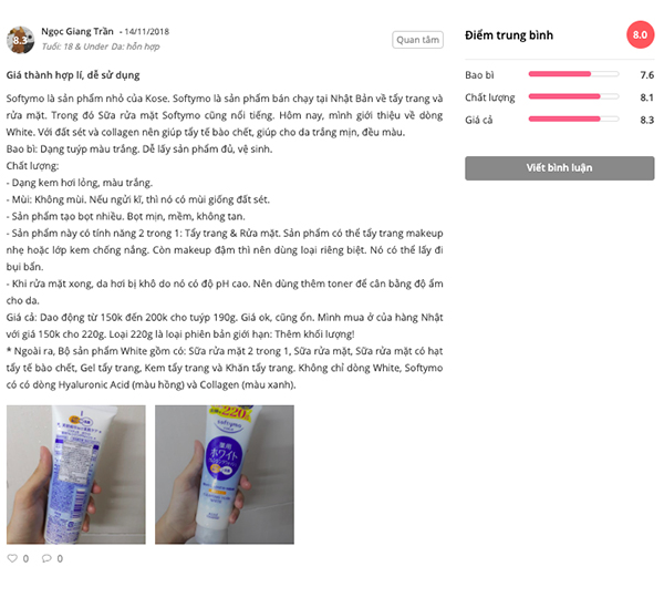 review sữa rửa mặt Kose softymo white 